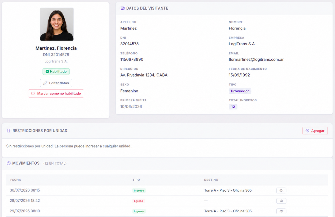 Ficha de visitante con historial de movimientos auditado