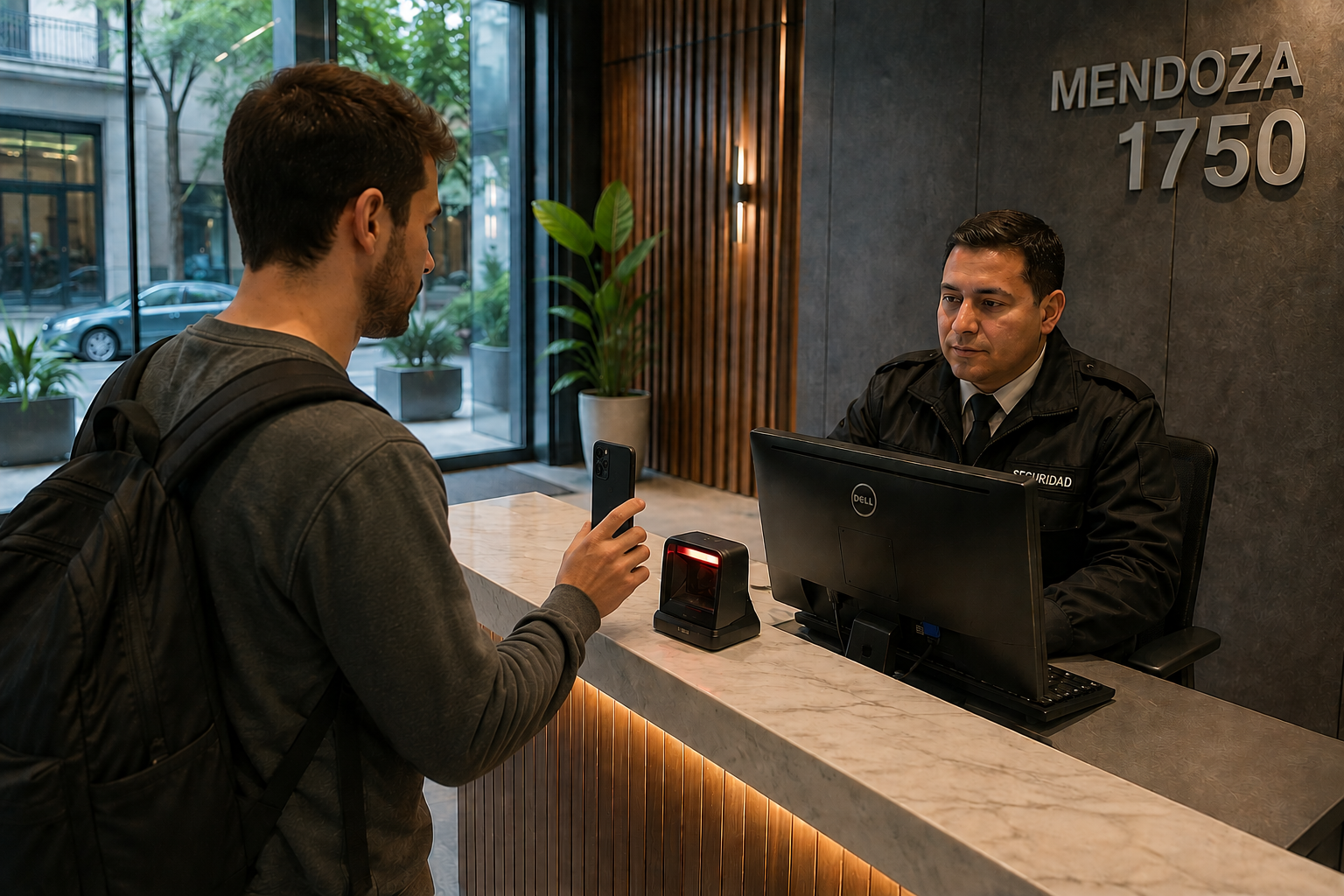 Visitante escaneando su QR de invitación en el lector de la recepción